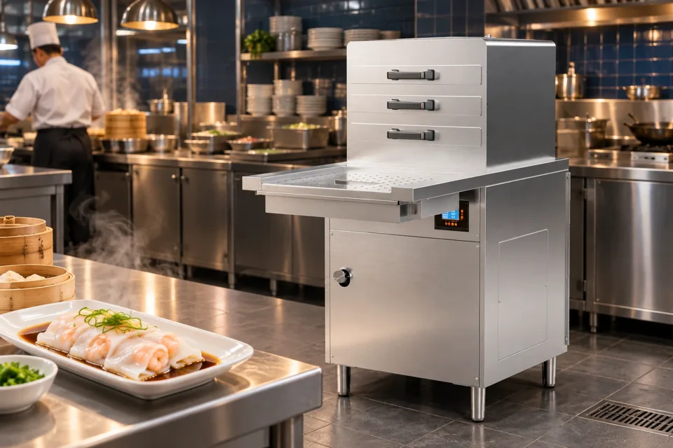 Three-tray rice noodle roll steamer in a kitchen setting