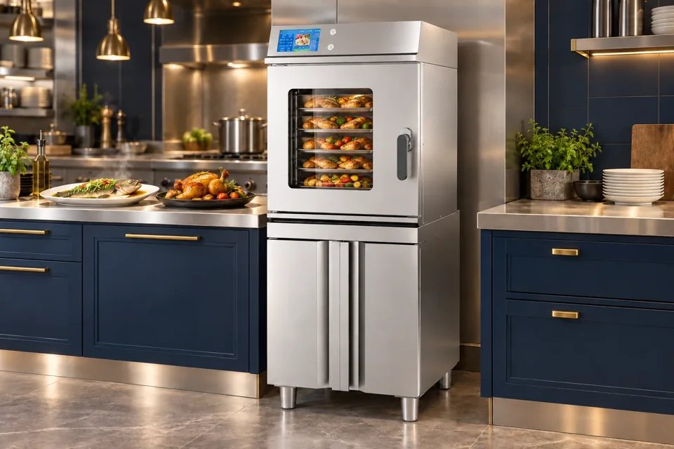 Steam & roast oven with recovery in a kitchen setting