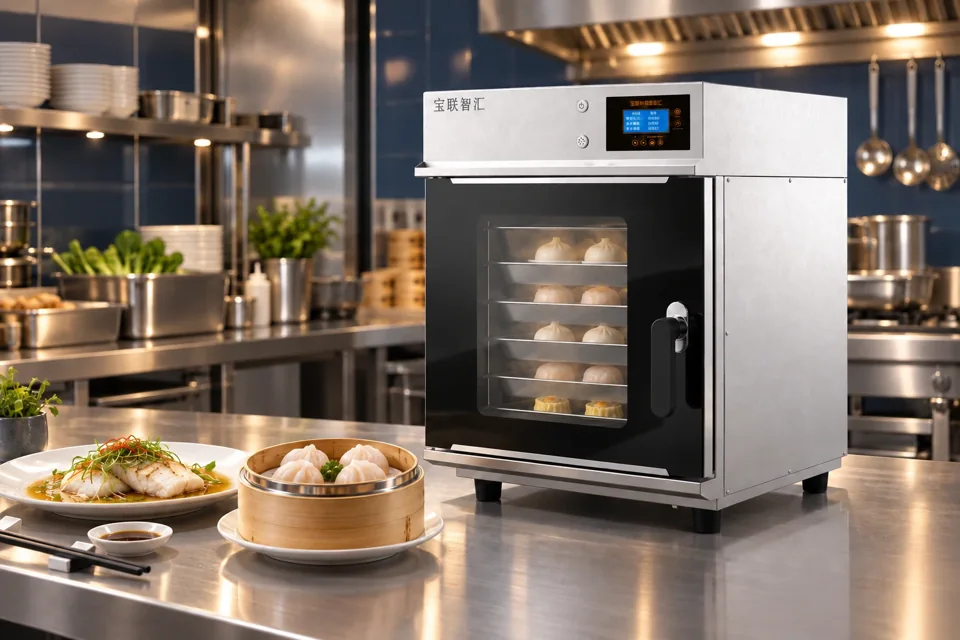 Five-tray food steamer in a kitchen setting