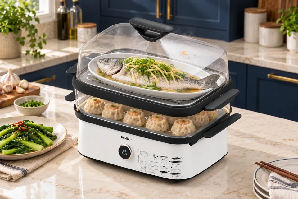BOLDLION US011-BL + US022-BL Two-tier food steamer in a kitchen setting