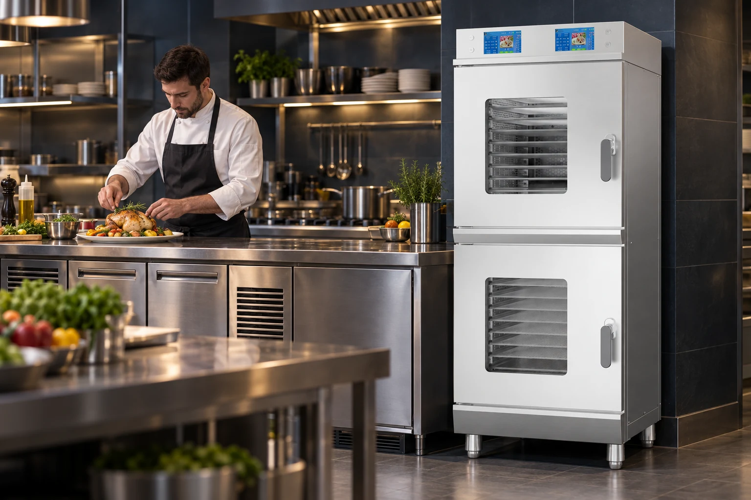 Chef plating roast chicken beside the BOLDLION dual-chamber oven in a professional kitchen