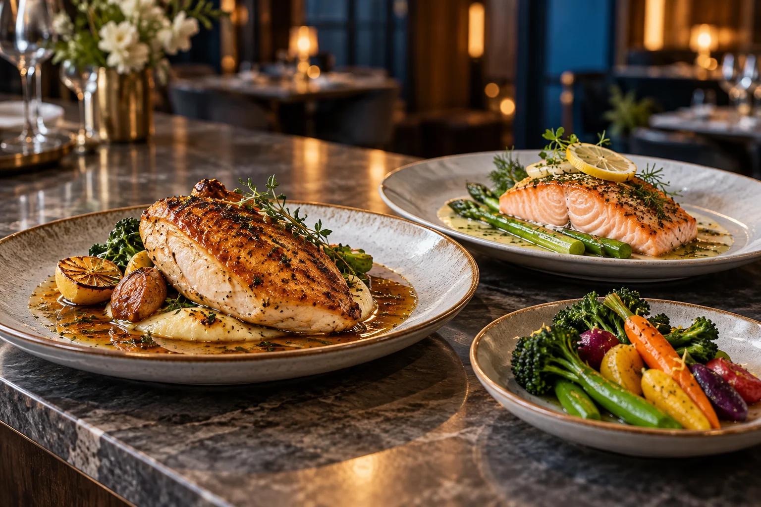 Roast chicken, salmon and steamed seasonal vegetables plated for restaurant service