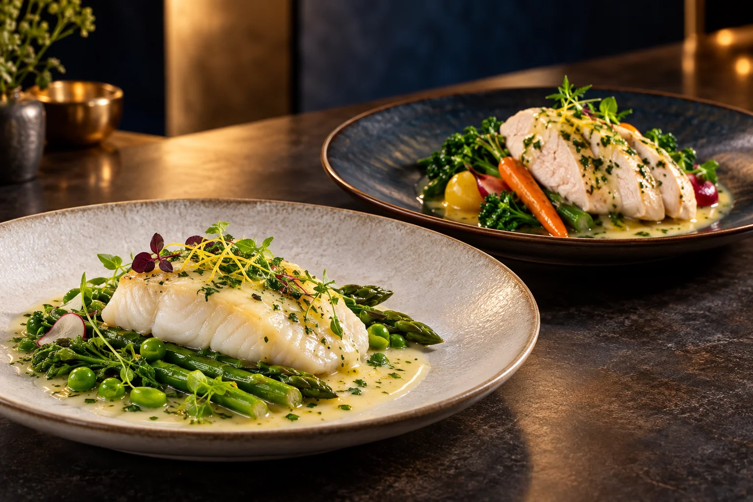Steamed sea bass and chicken plated separately with fresh seasonal vegetables