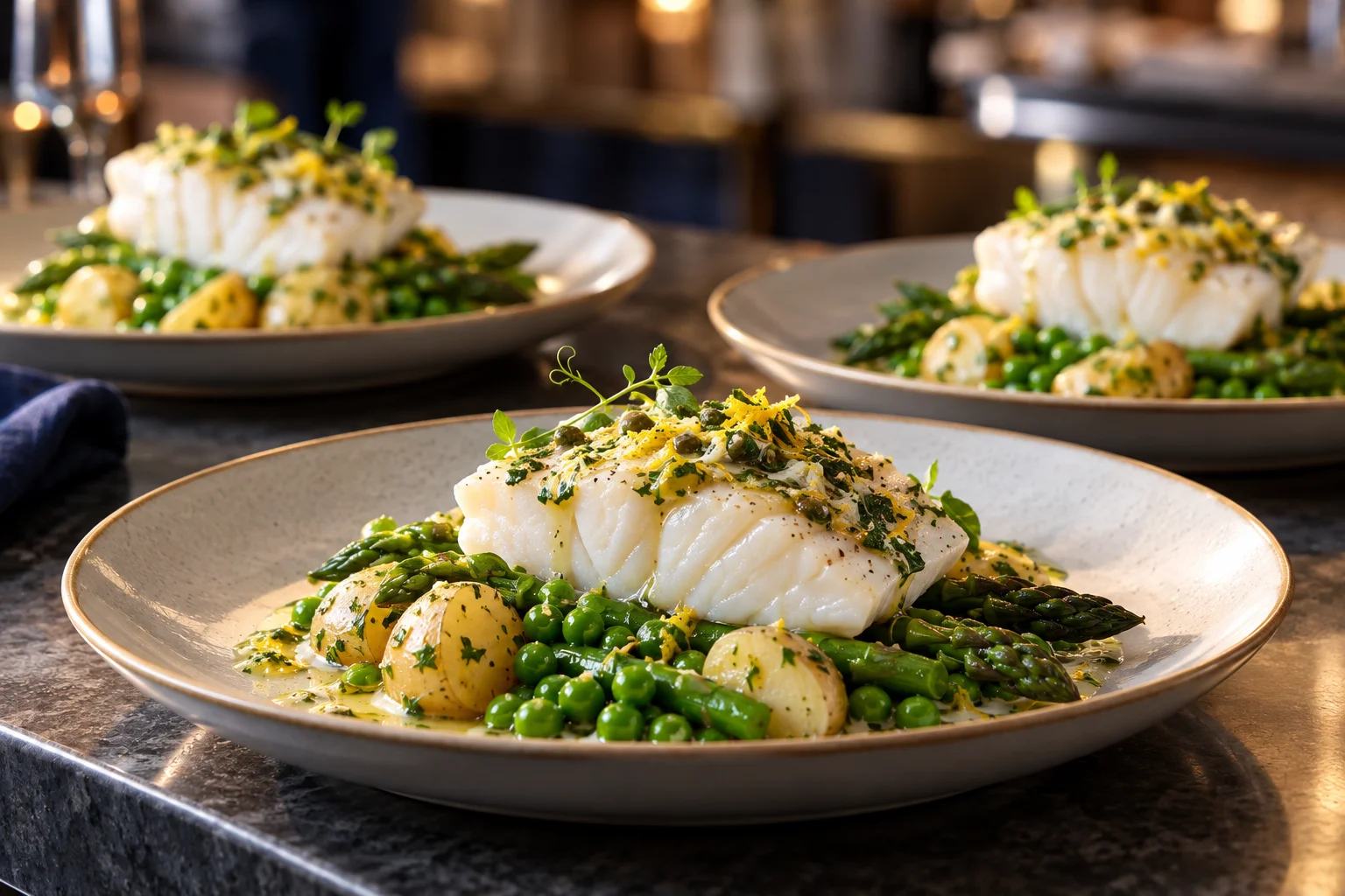 Steamed cod with lemon herbs, peas, asparagus and potatoes plated for bistro service