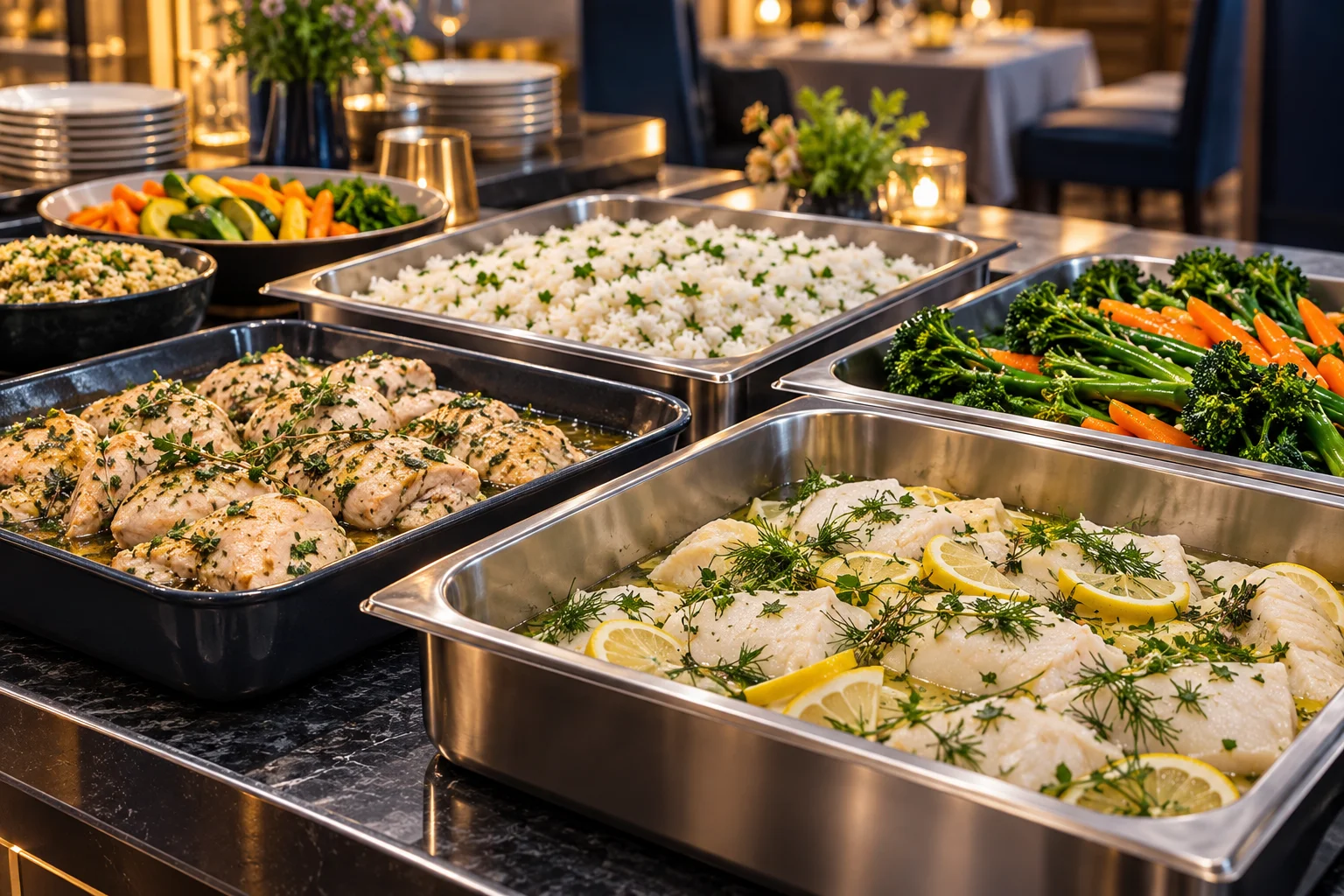 Hotel buffet service with steamed chicken, fish, rice and seasonal vegetables in separate serving pans