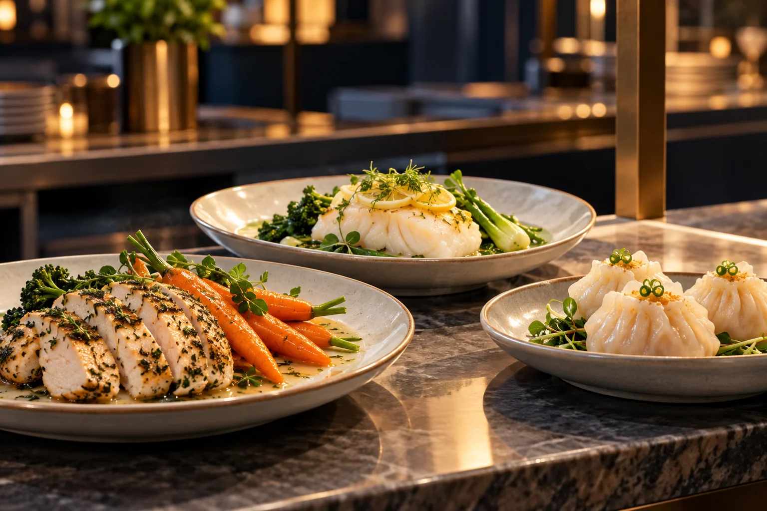 Steamed chicken, white fish and dumplings plated separately for restaurant service