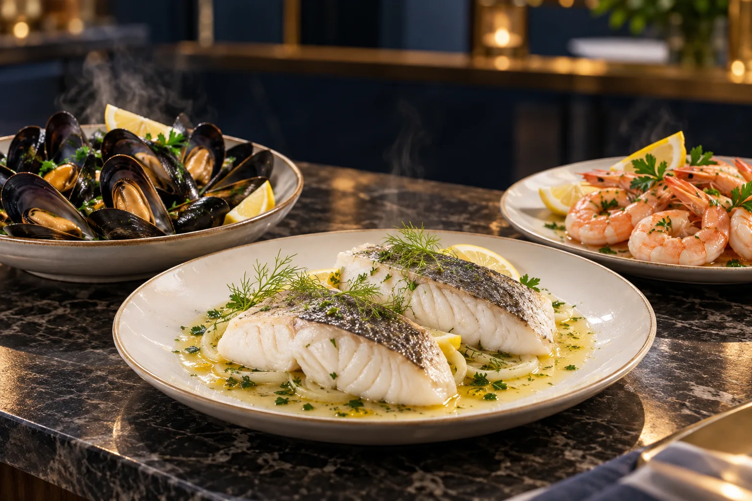 Steamed sea bass, shrimp and mussels served with lemon and herbs in a seafood restaurant
