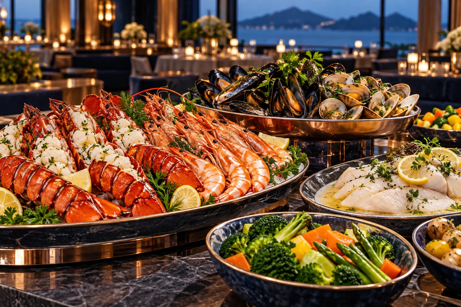 Steamed lobster, prawns, mussels, clams, fish and vegetables on a coastal hotel buffet
