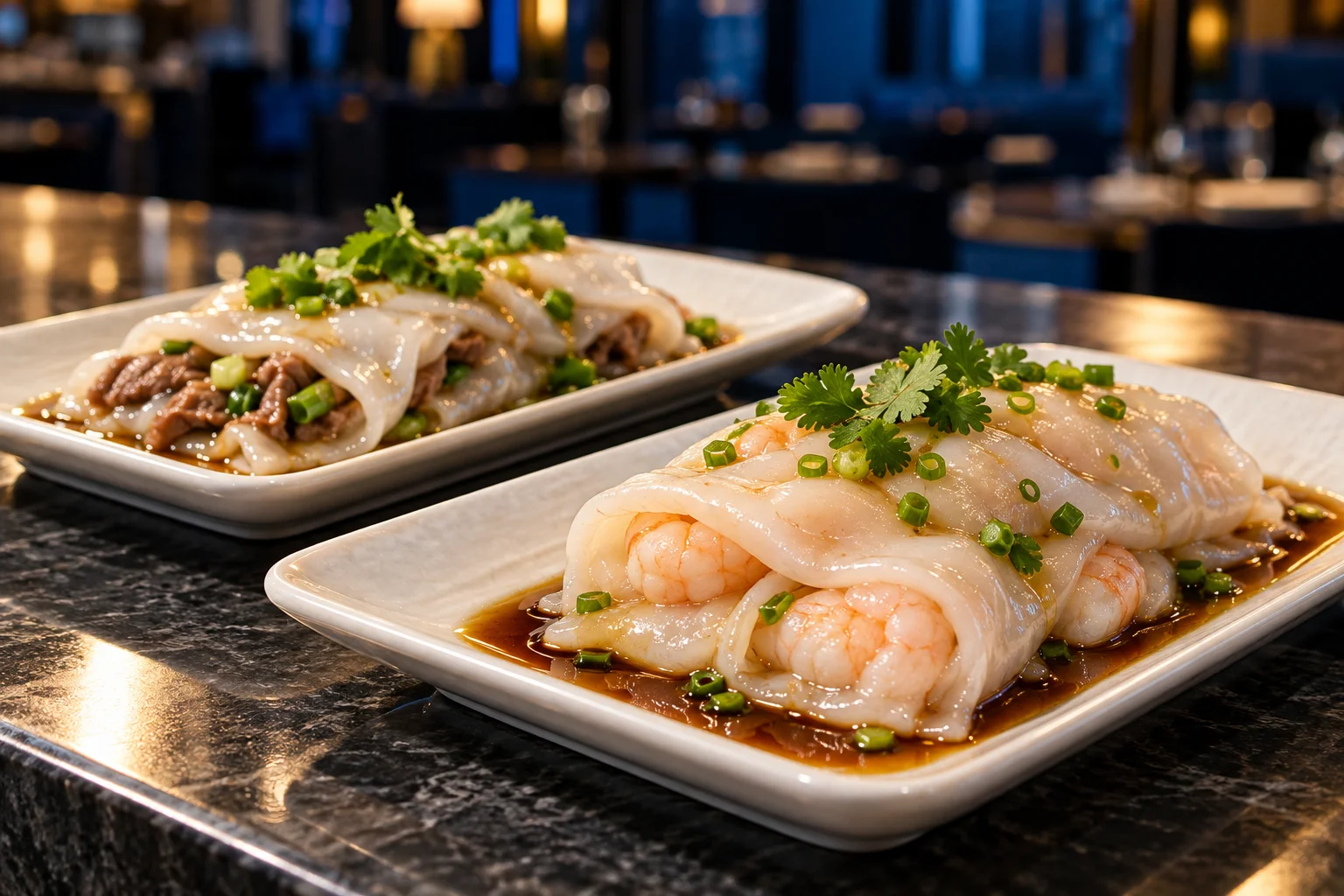 Shrimp and beef cheung fun rice noodle rolls plated separately with scallions and light soy sauce