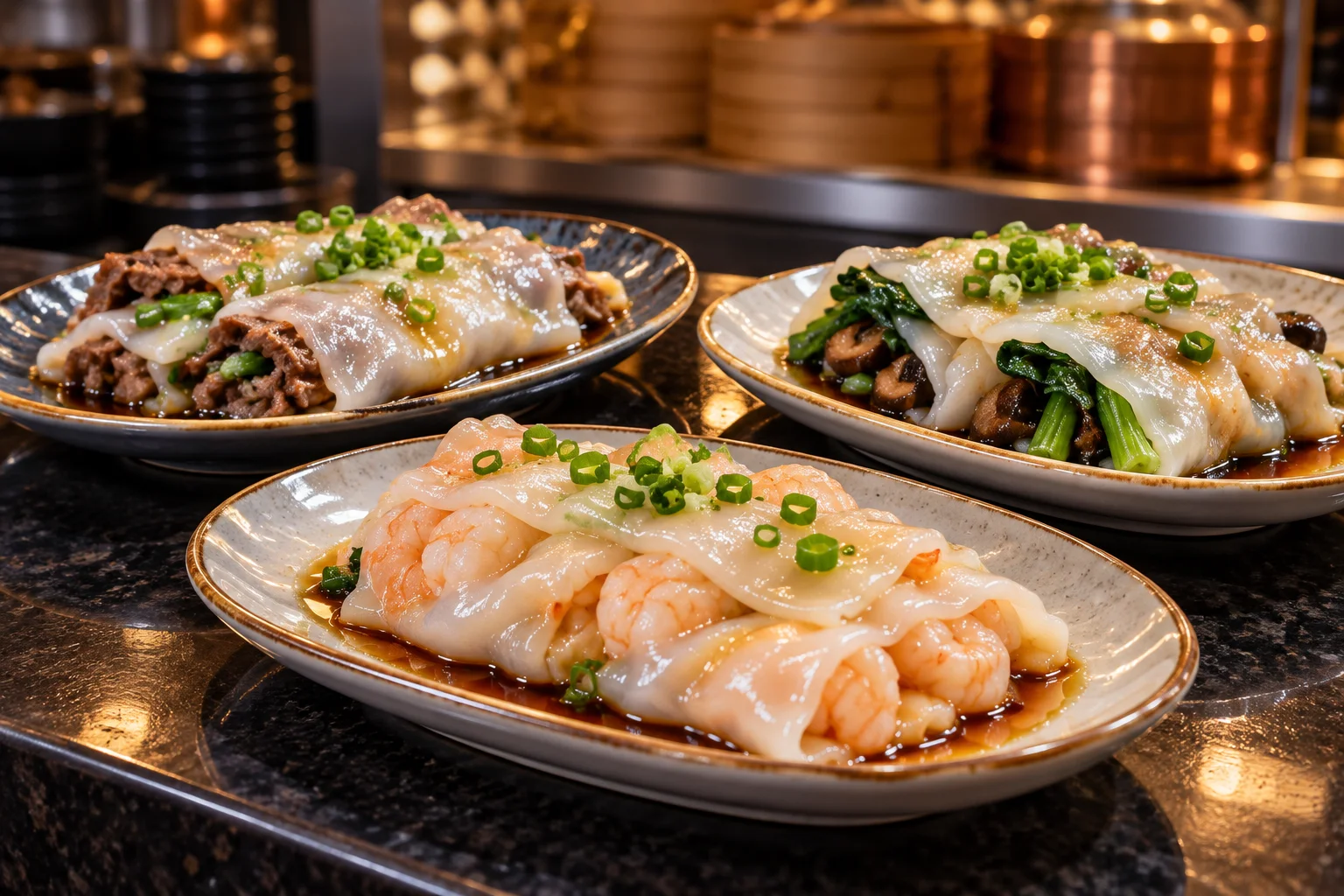 Shrimp, beef and mushroom cheung fun rice noodle rolls served on separate plates