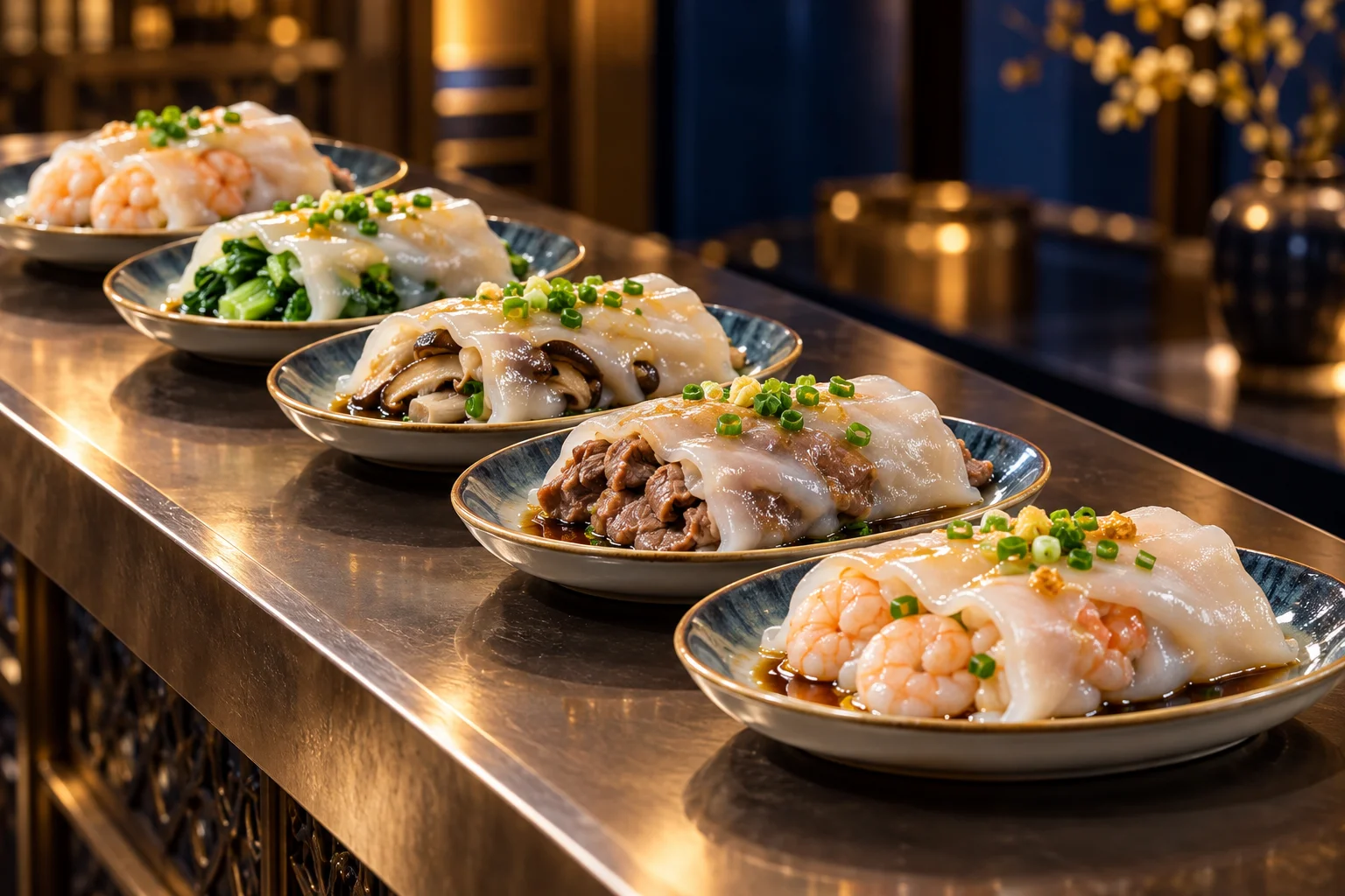 A row of freshly prepared shrimp, beef, mushroom and vegetable cheung fun rice noodle rolls