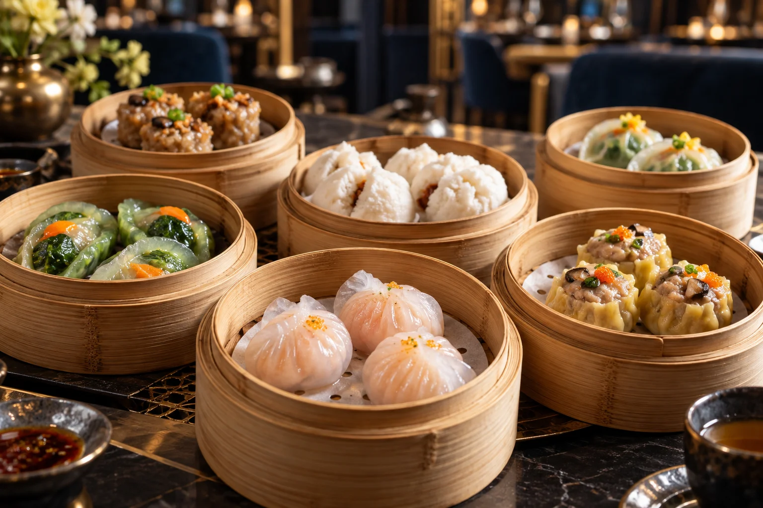 Assorted steamed prawn dumplings, vegetable dumplings, siu mai and buns in bamboo baskets