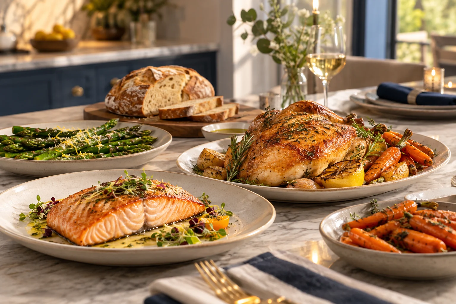 Golden roast chicken, salmon, seasonal vegetables and artisan bread on a Western kitchen table