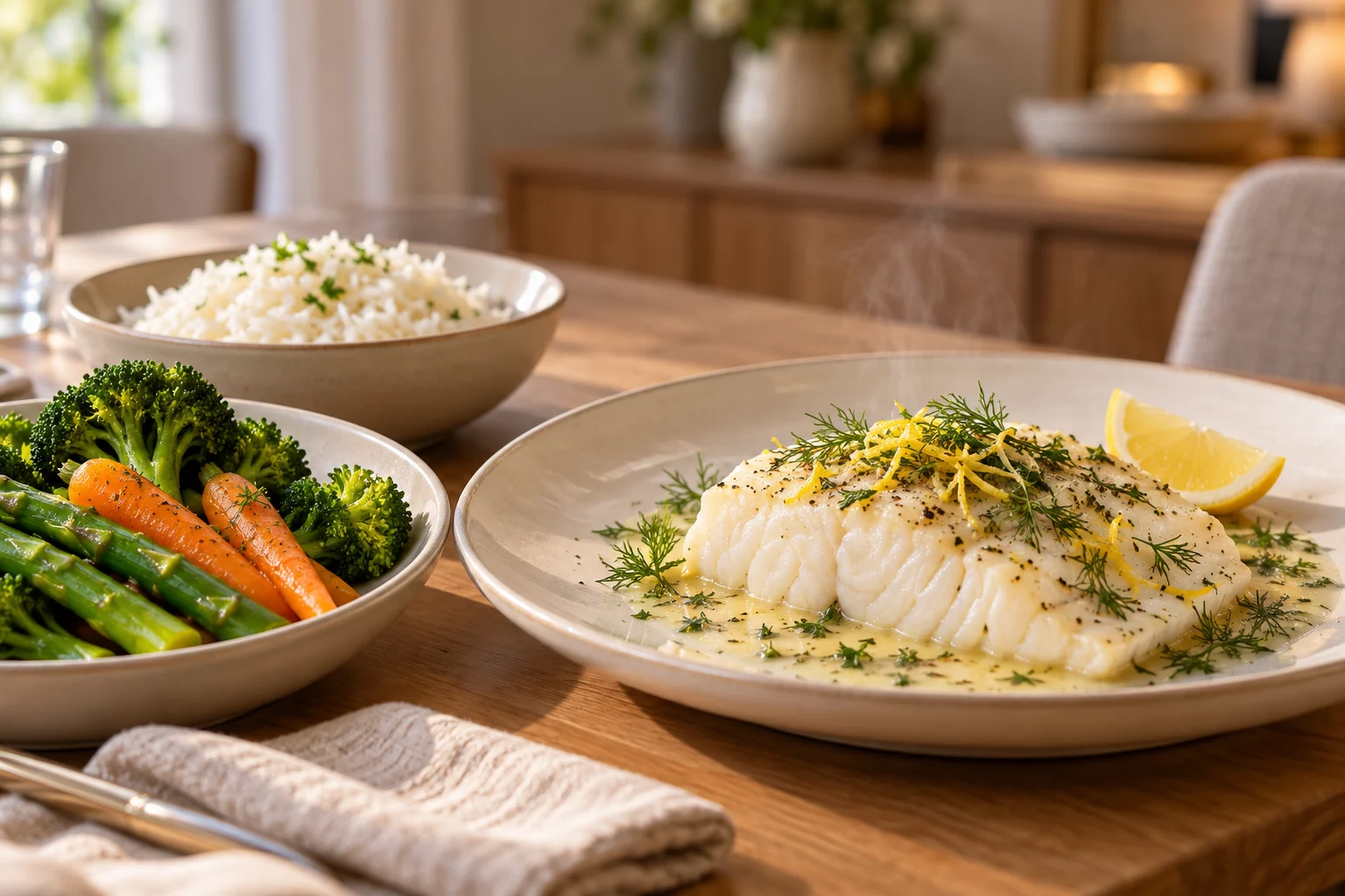Lemon and dill steamed cod with fresh steamed vegetables and rice