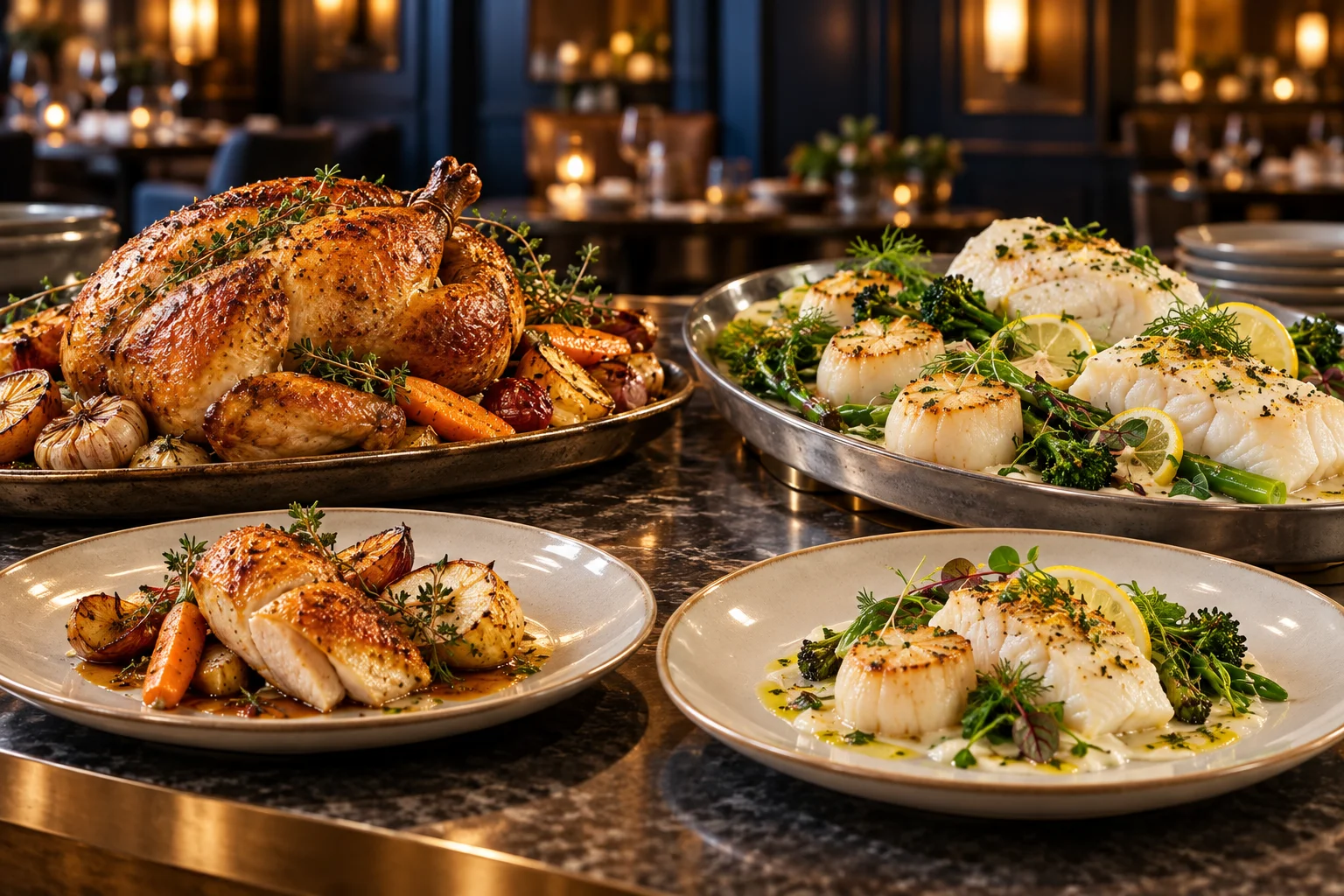 Roast chicken and steamed fish with scallops served on separate platters