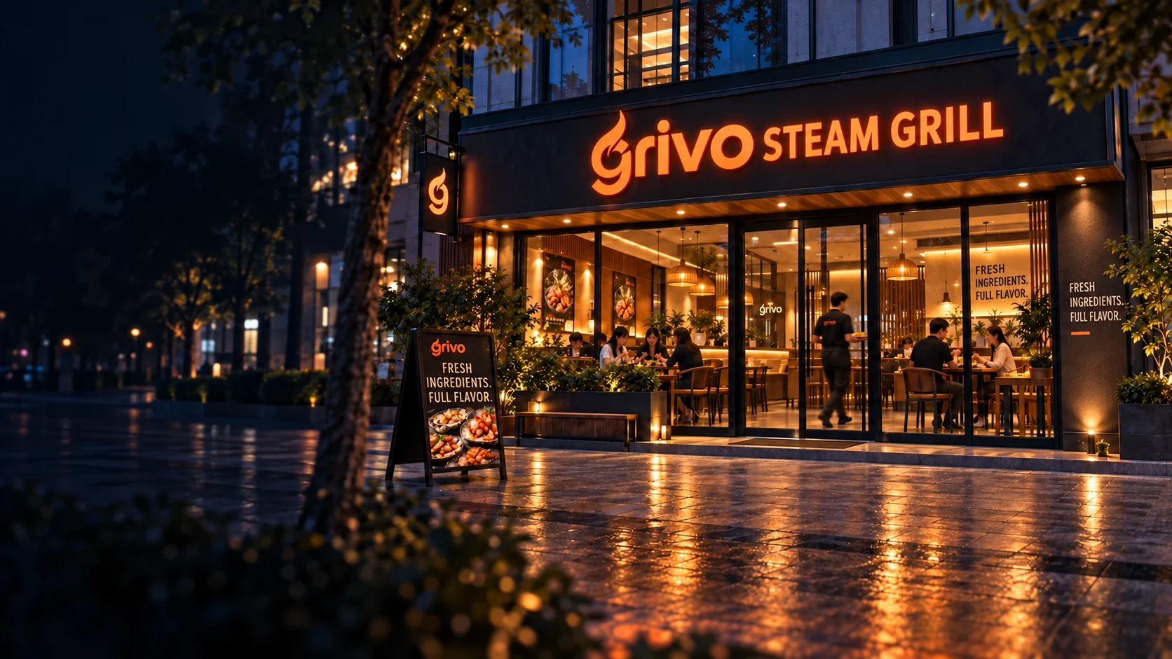 GRIVO steam grill restaurant at dusk