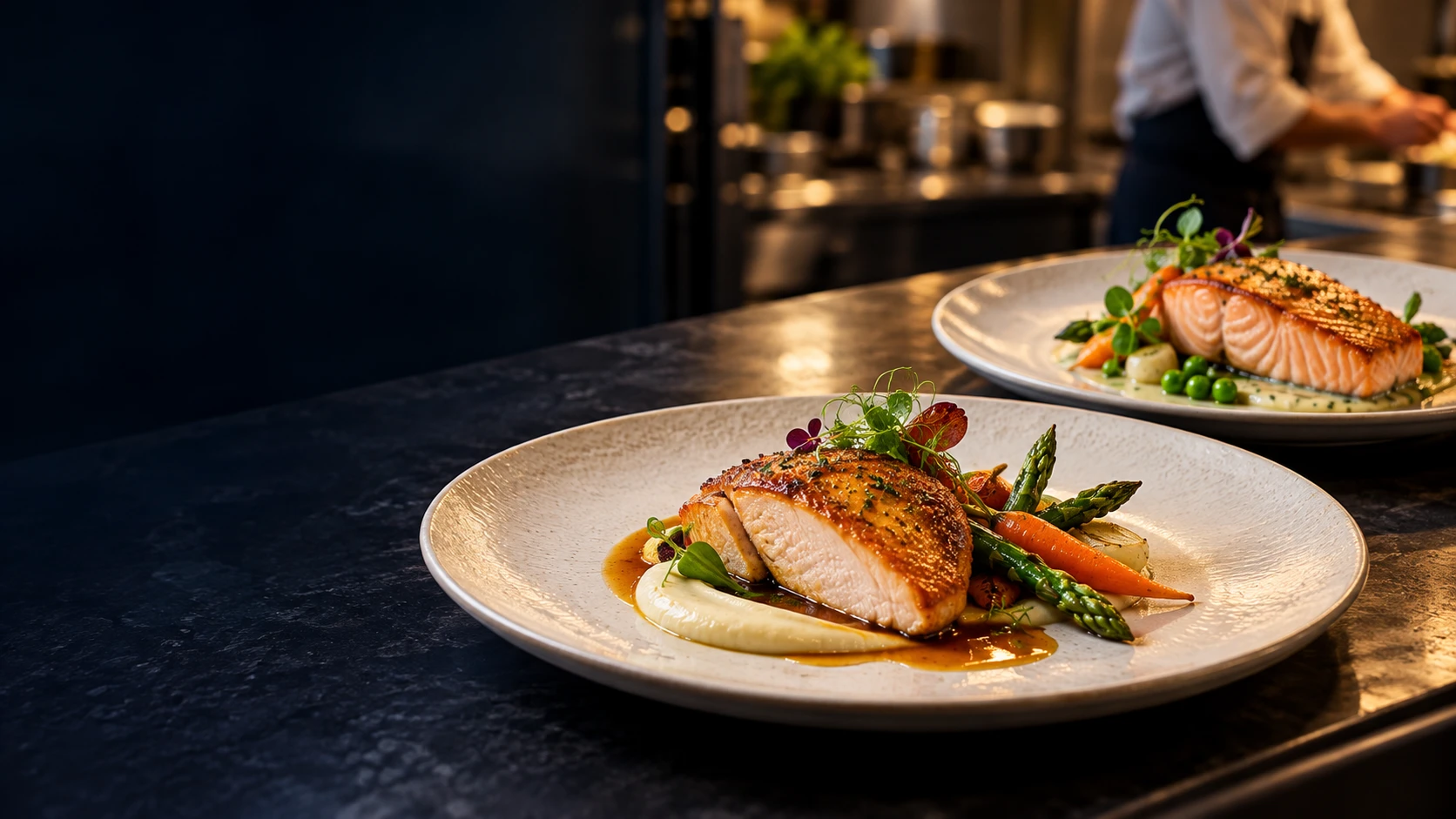 Golden chicken supreme and salmon with fresh vegetables