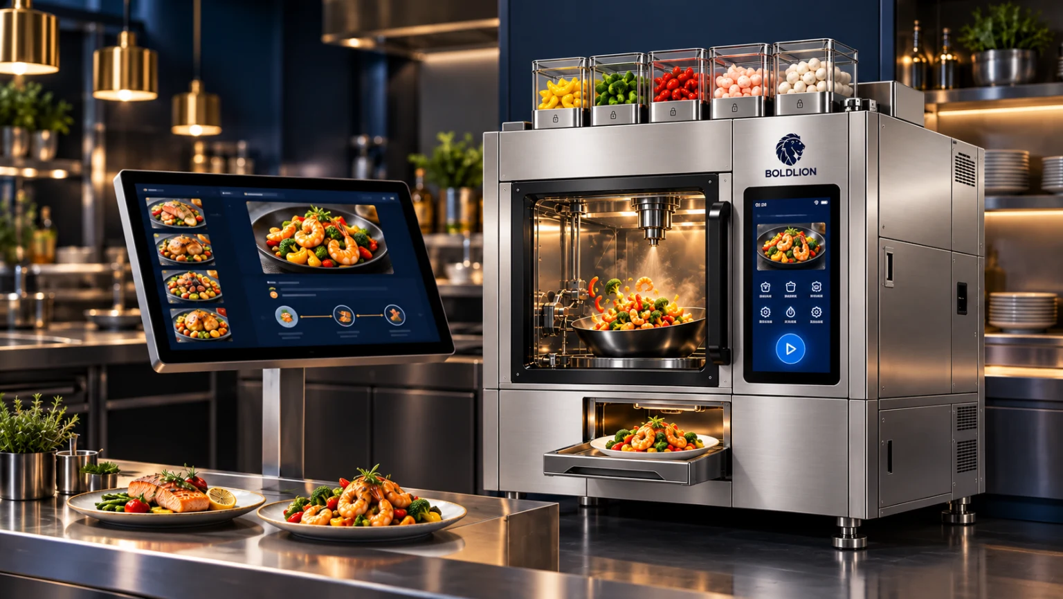Digital menu screen beside the BOLDLION intelligent steam stir-fry machine