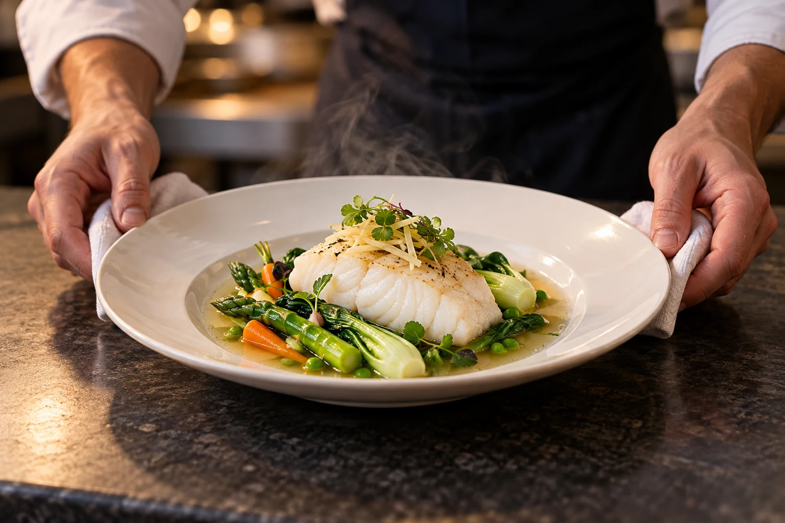 Plated white fish and green vegetables prepared with steam