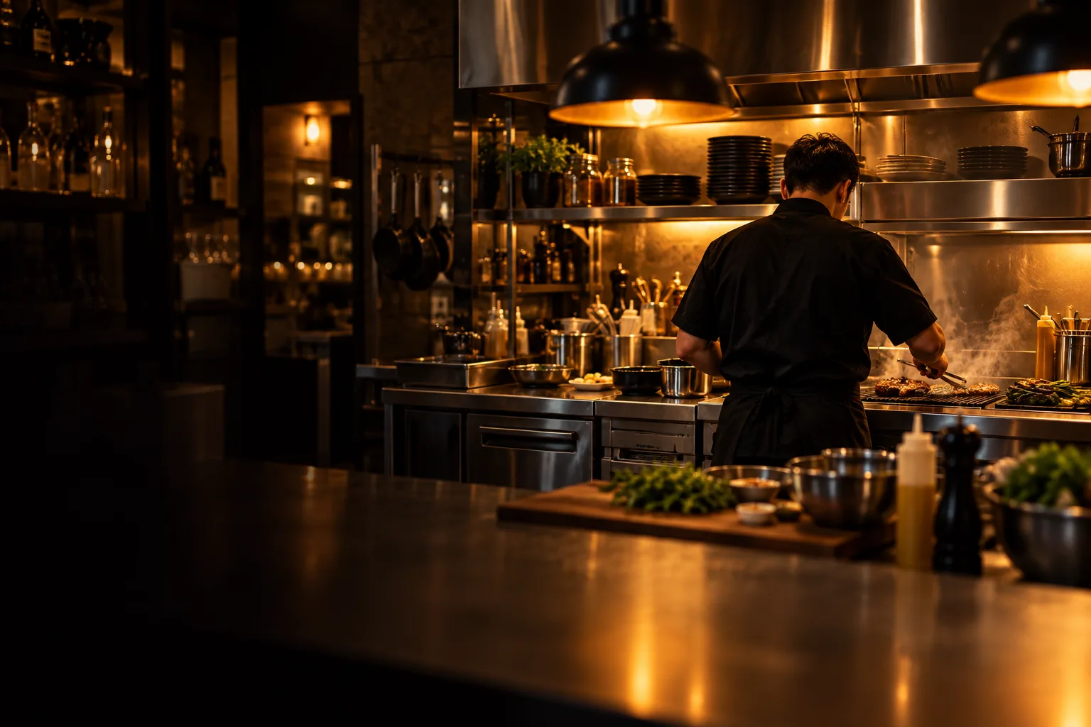 Chef cooking at a compact restaurant service line