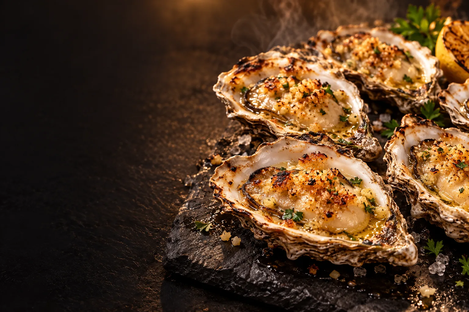 Finished oysters with browned topping prepared for a restaurant grill menu