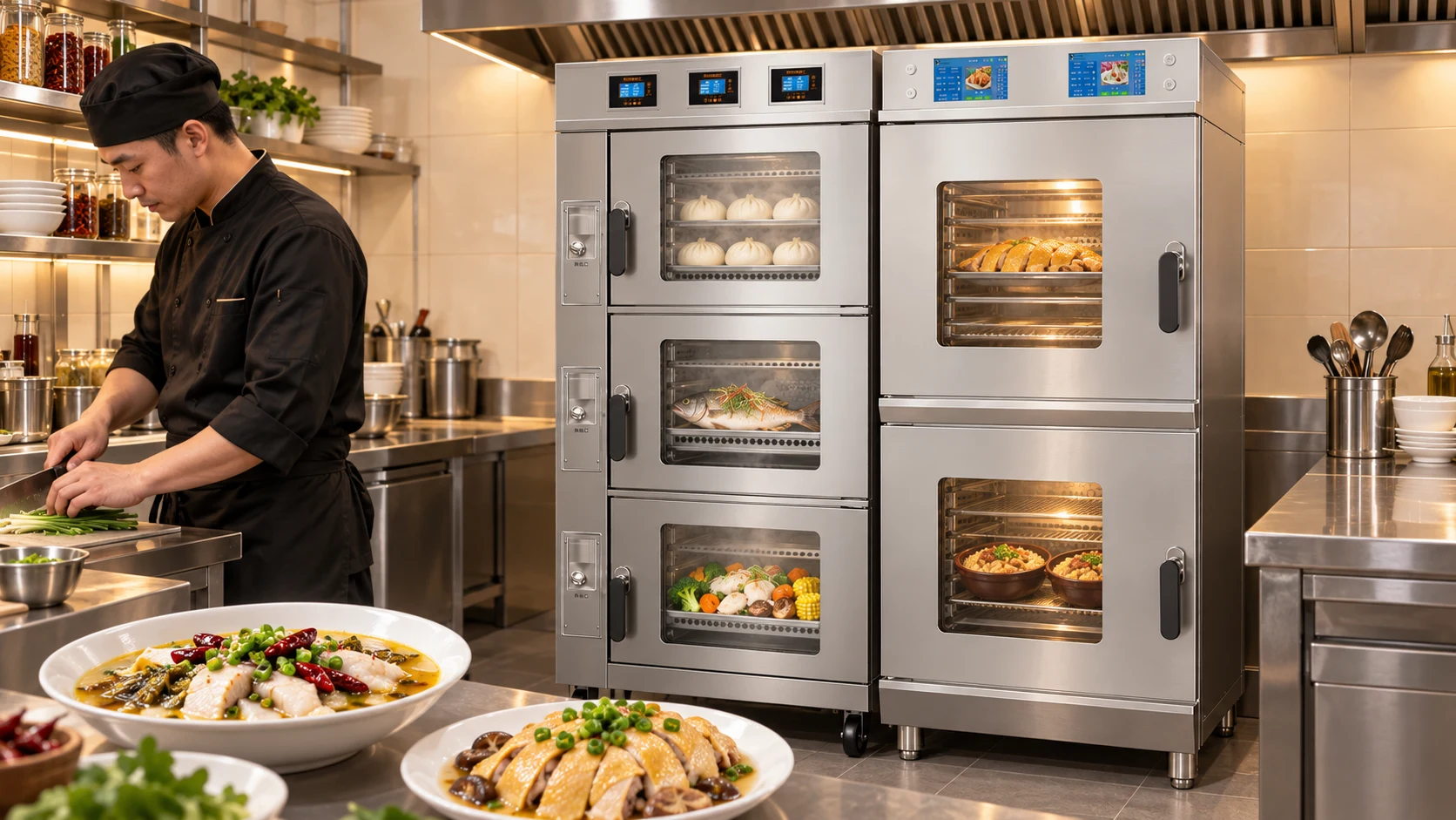 Chef working beside steam cooking stations in a compact restaurant kitchen