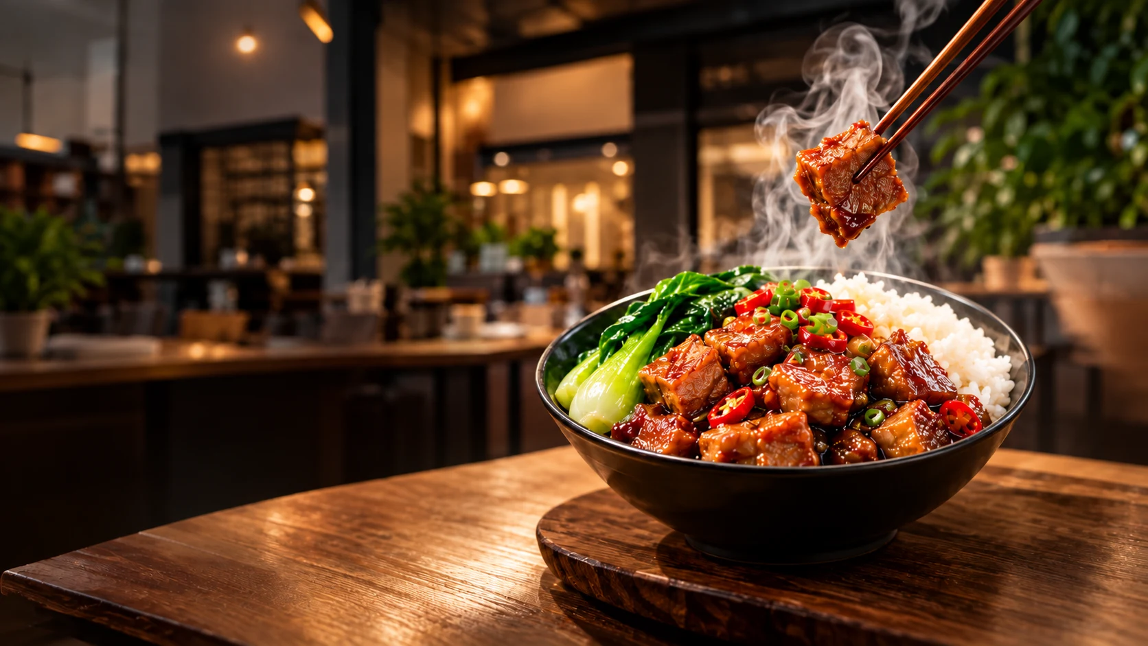 Fresh hot rice bowl with vegetables and a savory main dish