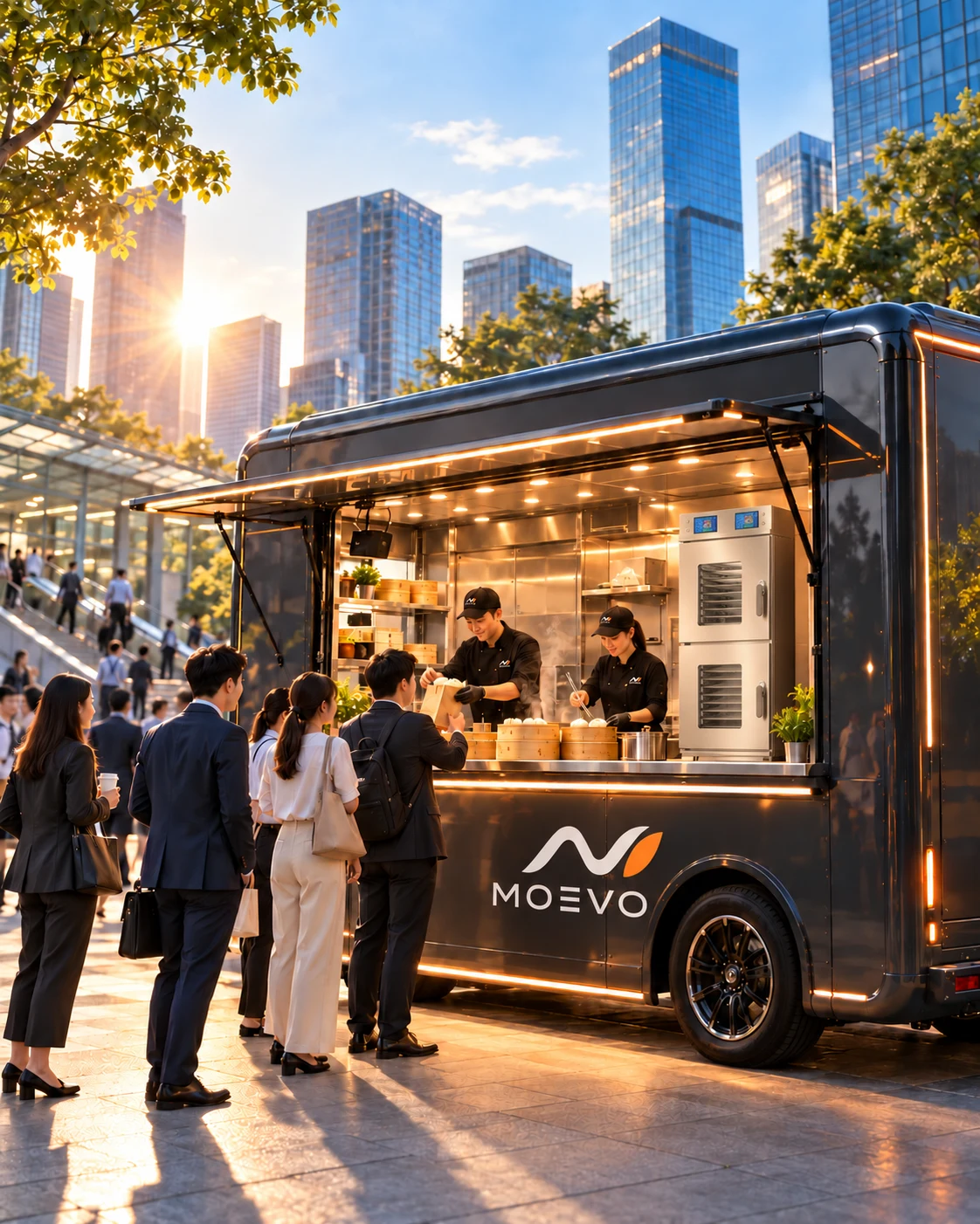 Mobile kitchen serving hot breakfast near a workplace