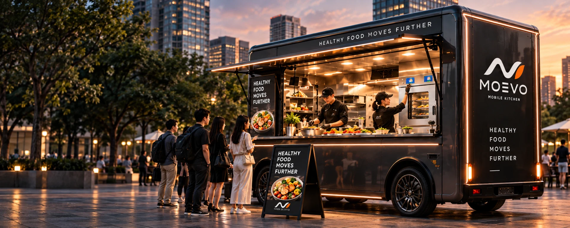 MOEVO mobile kitchen serving freshly prepared food in an urban plaza