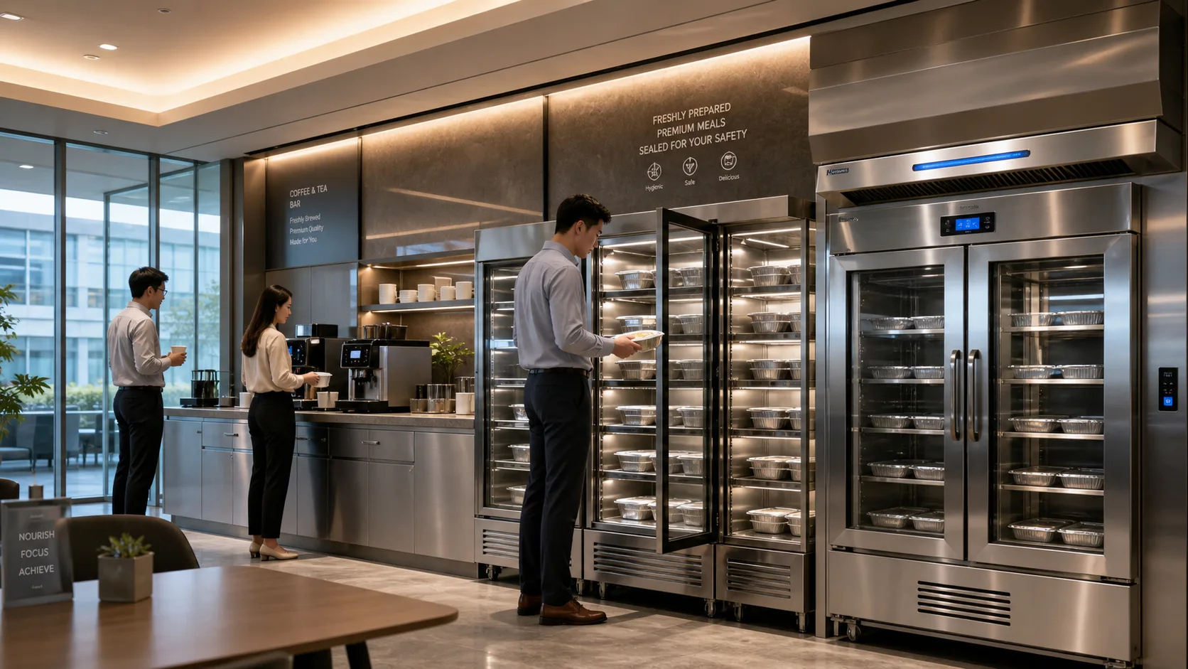 Employees using a workplace food service and coffee station