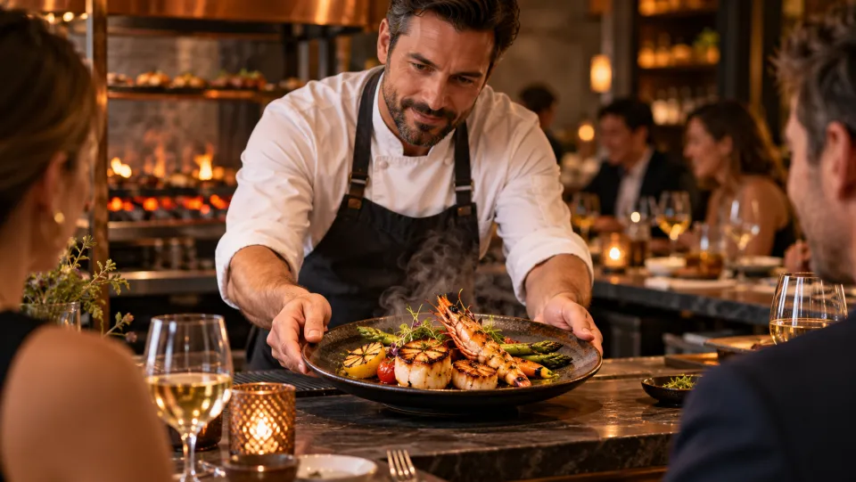 Chef presenting a seafood and vegetable dish to restaurant guests