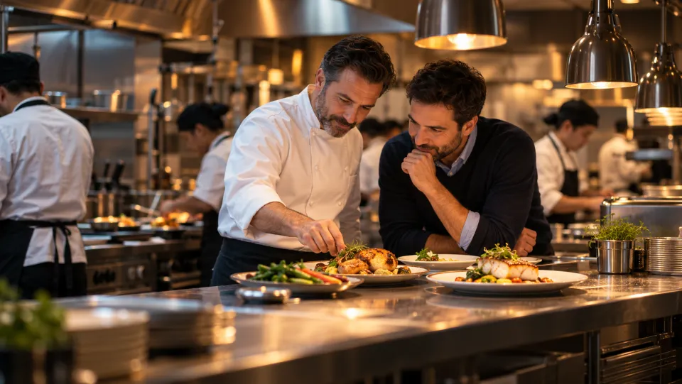 Chef and restaurant operator reviewing prepared dishes during service