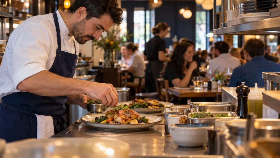 Chef plating lunch in a neighborhood restaurant