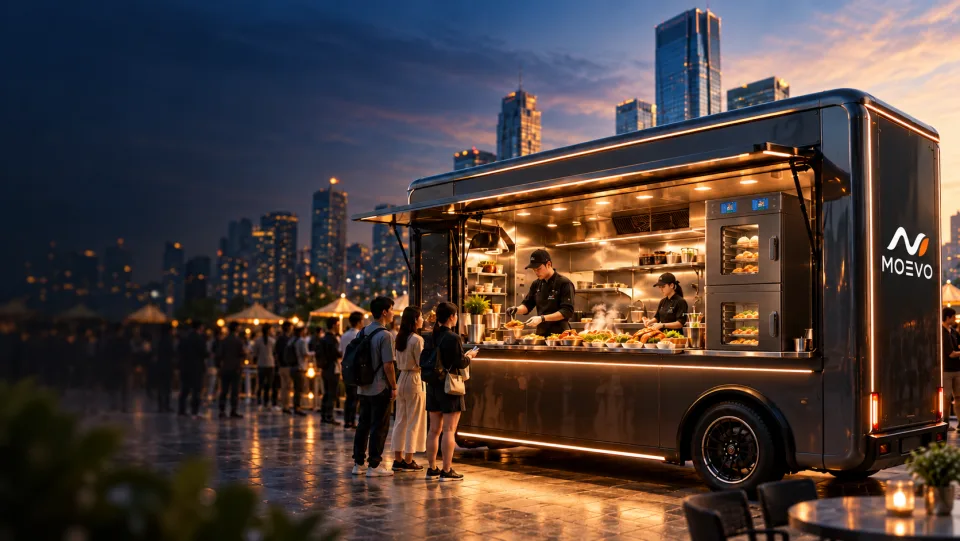 MOEVO mobile food kitchen serving customers at an evening location