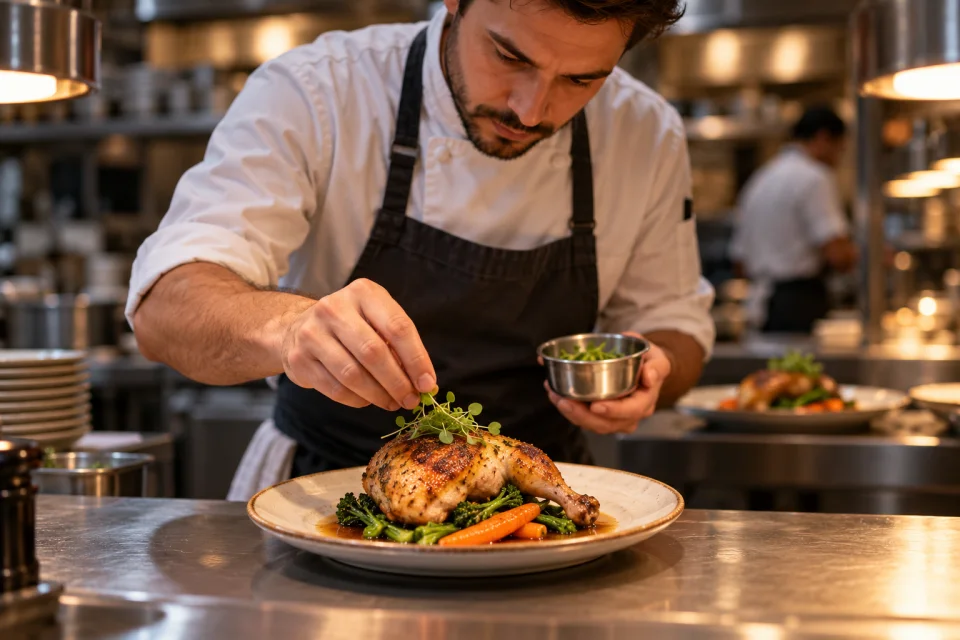 Chef finishing a roast chicken dish at a restaurant service pass