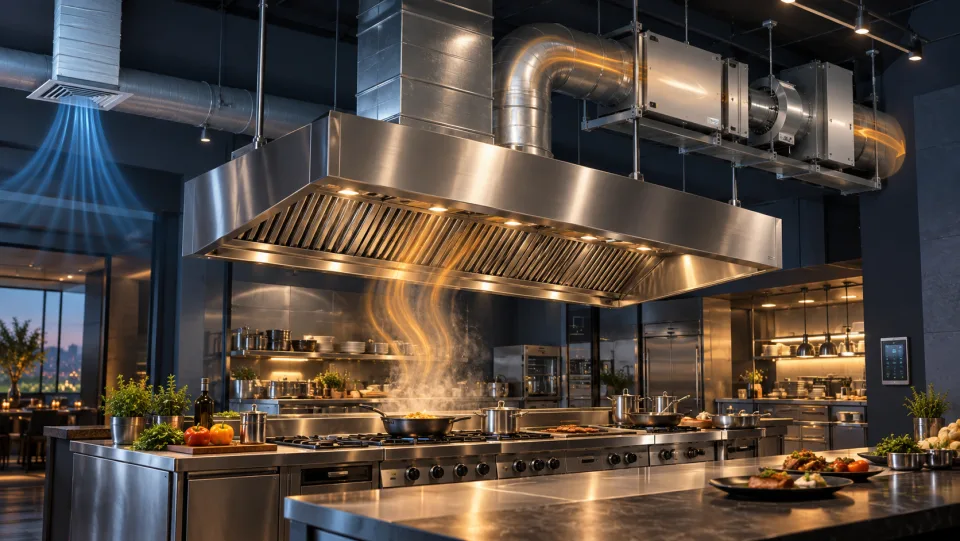 Commercial kitchen extraction canopy above the cooking line