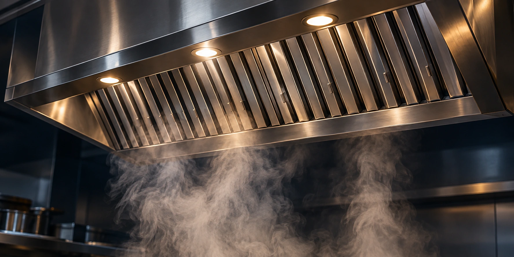 Commercial kitchen extraction hood above rising cooking steam