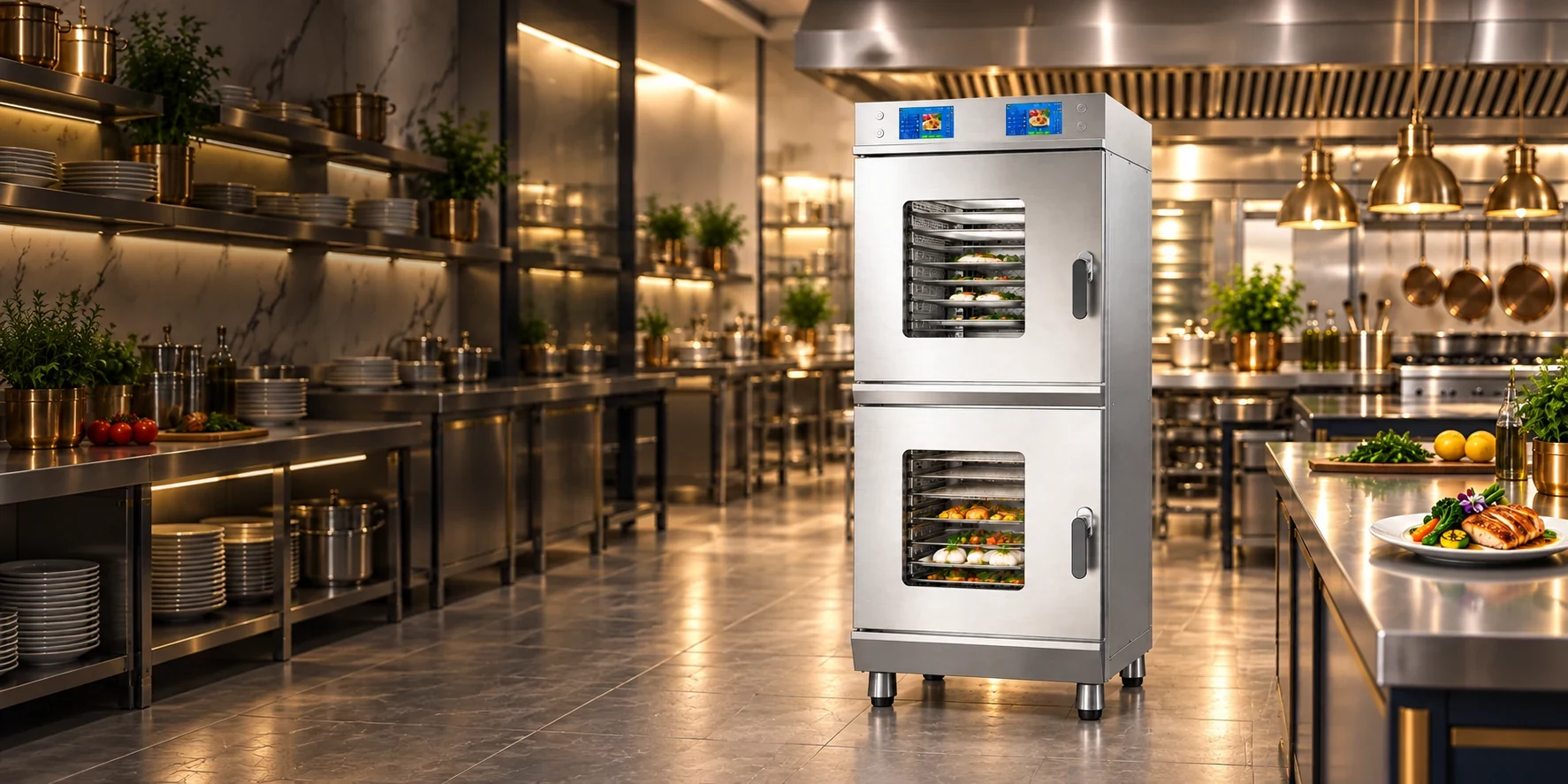 Dual-chamber steam & roast oven in a kitchen setting