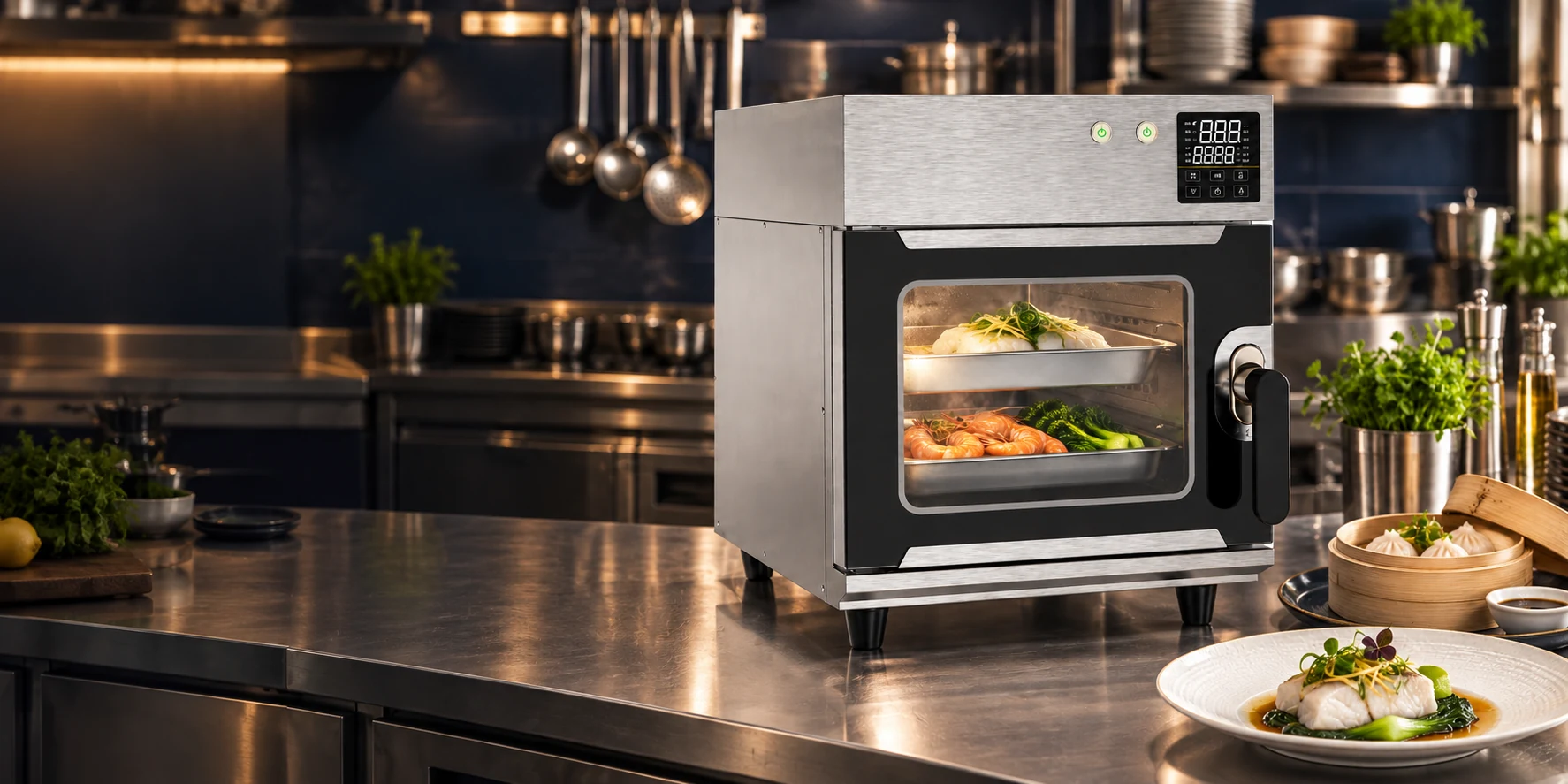 Steam & roast oven with recovery in a kitchen setting