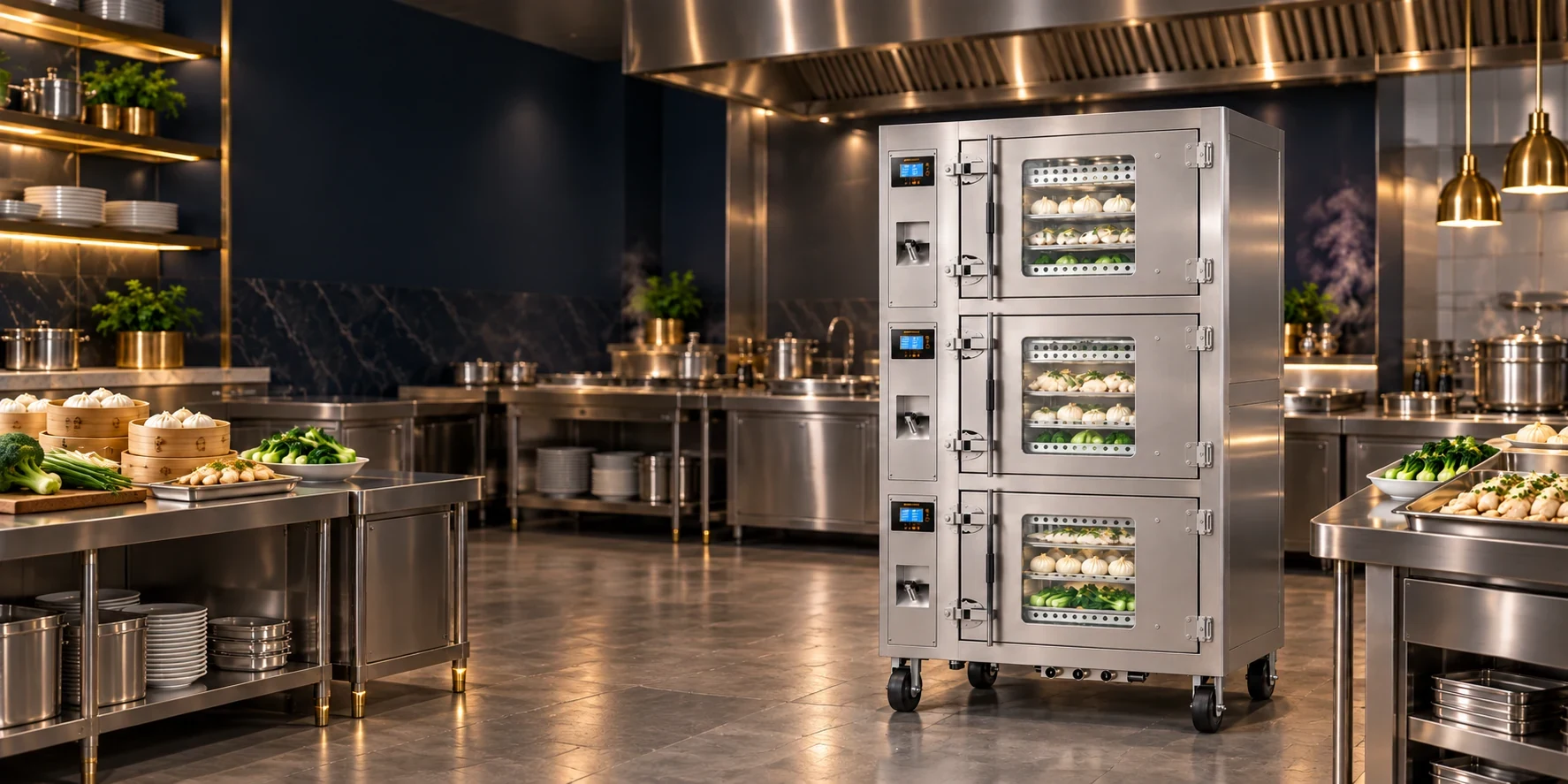 Large three-door steamer in a kitchen setting