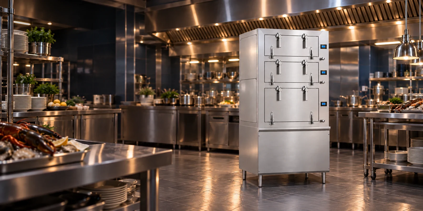 Seafood steamer in a kitchen setting