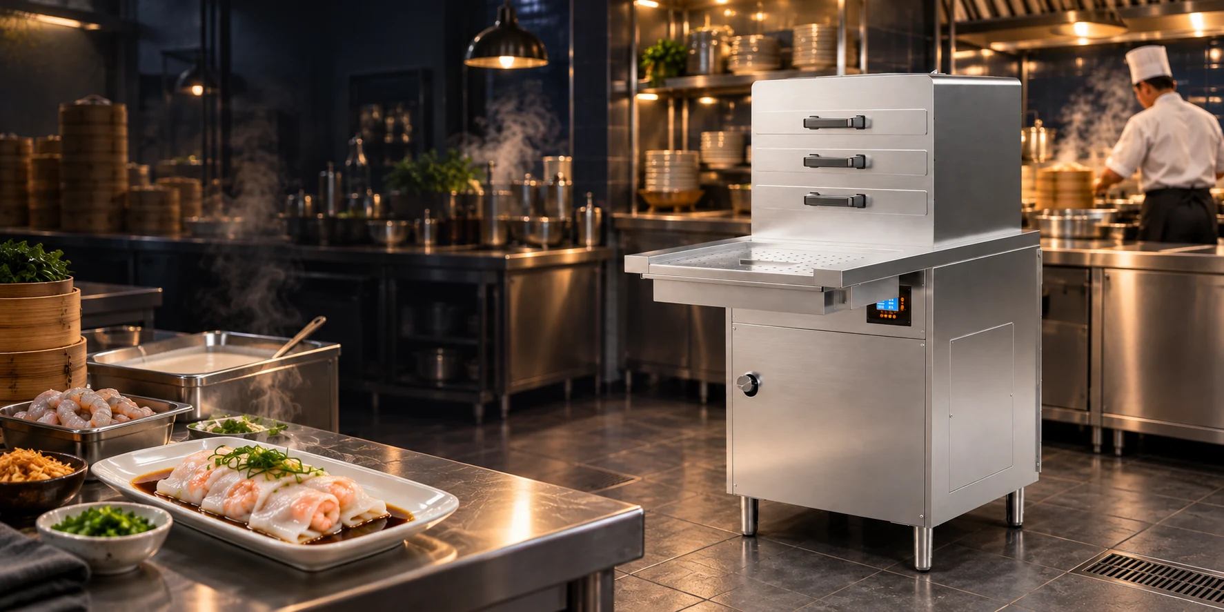 Three-tray rice noodle roll steamer in a kitchen setting