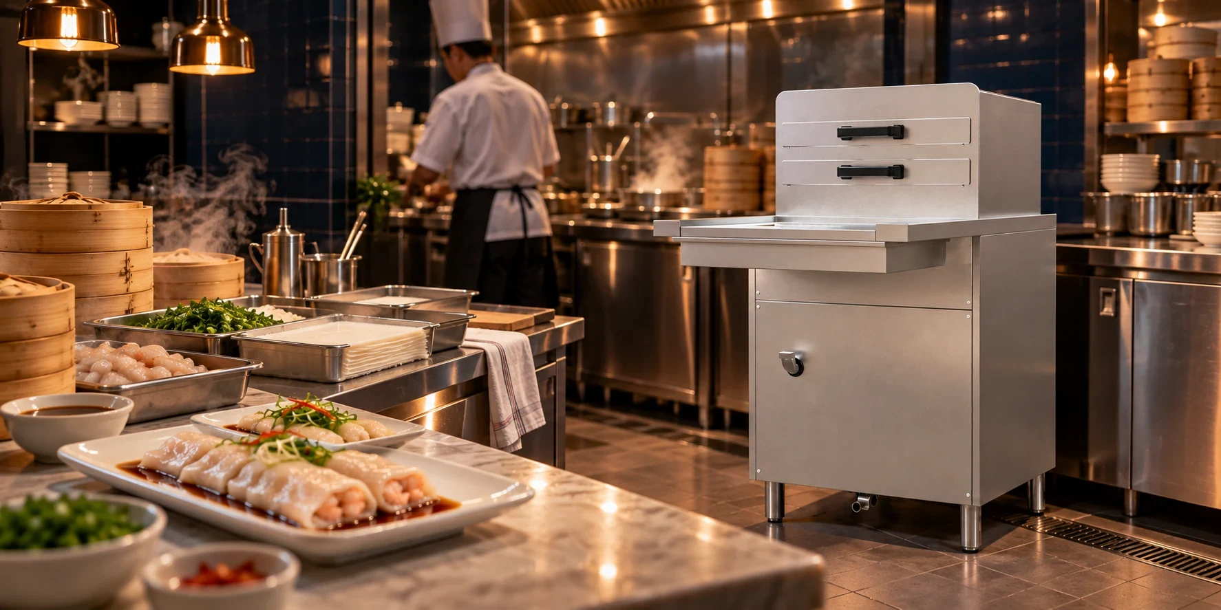 Two-tray rice noodle roll steamer in a kitchen setting