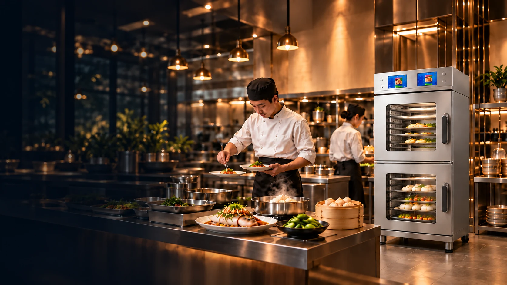 Professional kitchen with a BOLDLION steam cooking cabinet