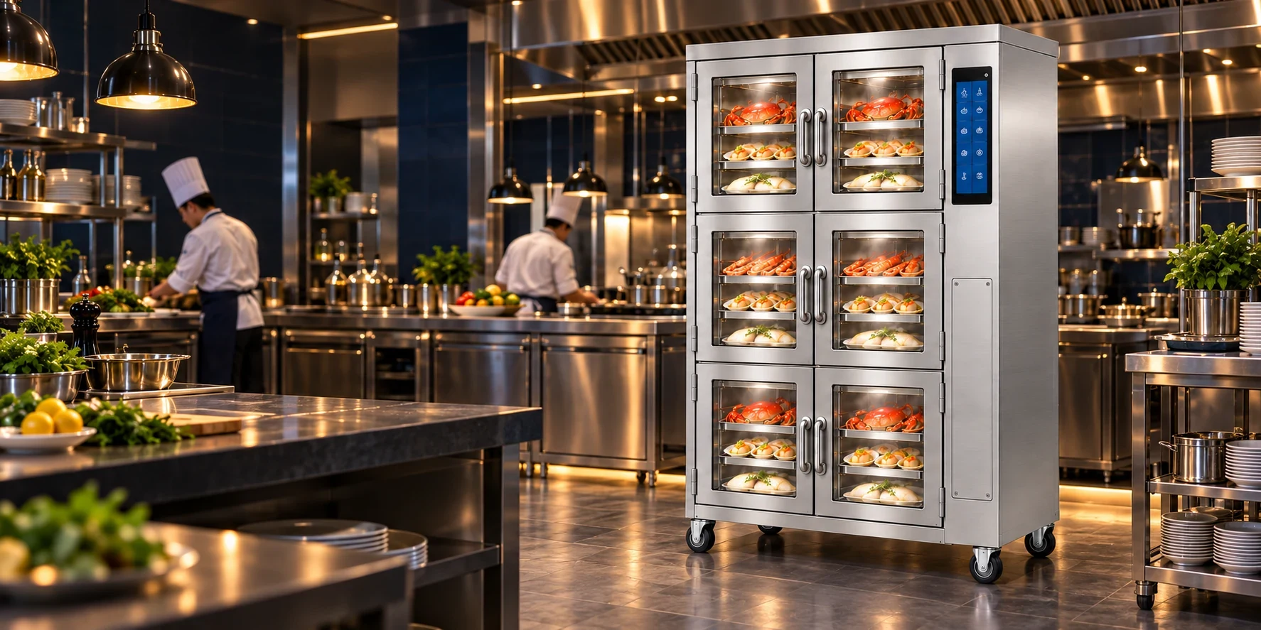 Six-door glass steamer in a kitchen setting