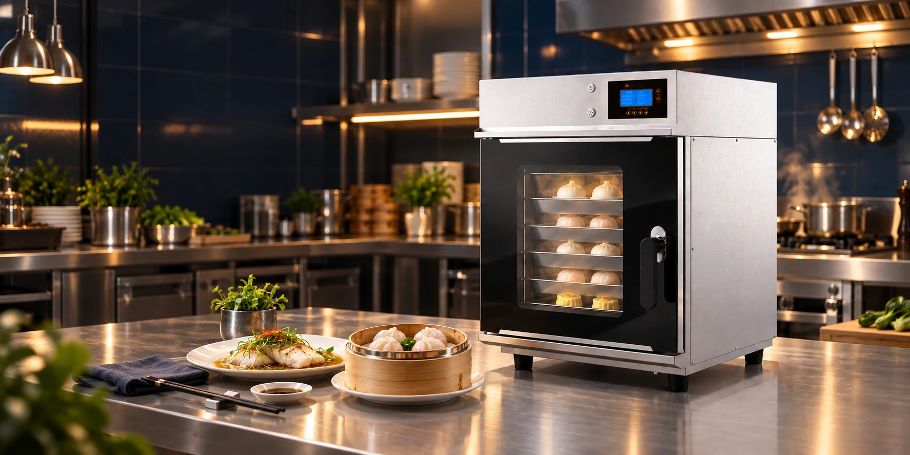 Five-tray steamer in a kitchen setting
