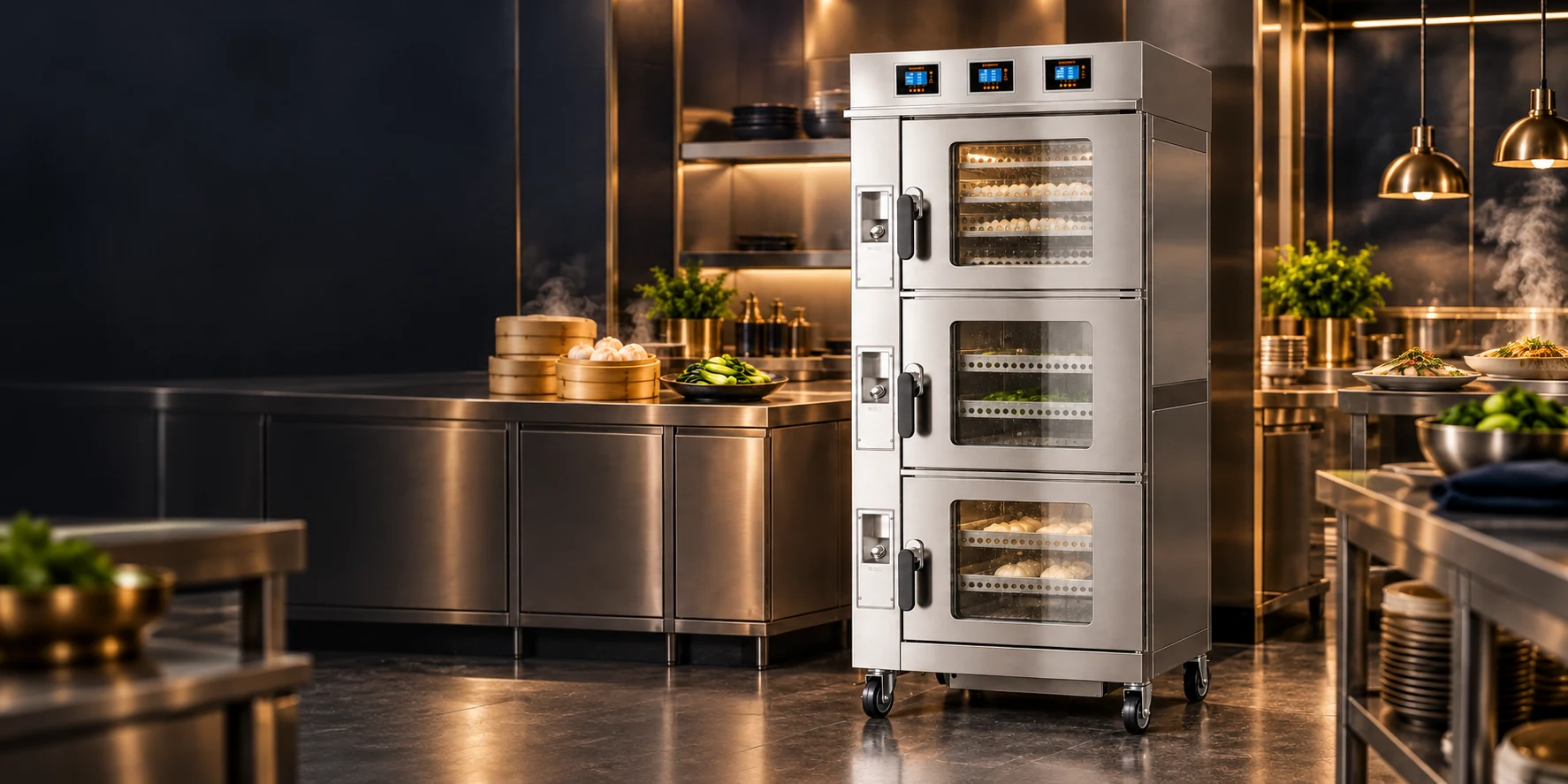 Three-door glass steamer in a kitchen setting