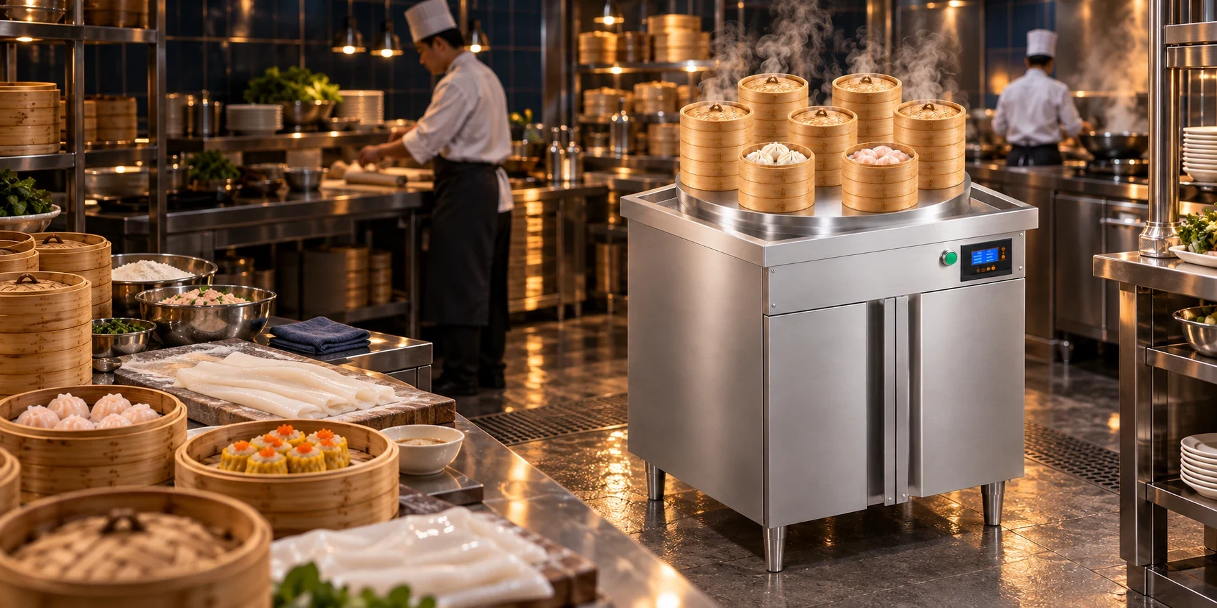 Seven-port dim sum steamer in a kitchen setting